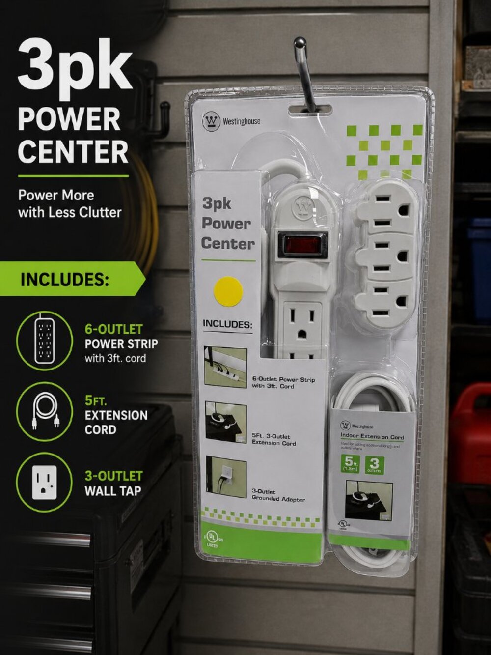 Westinghouse 3 Piece Power Center-Power Strip, Extension Cord, Wall Adapter NEW